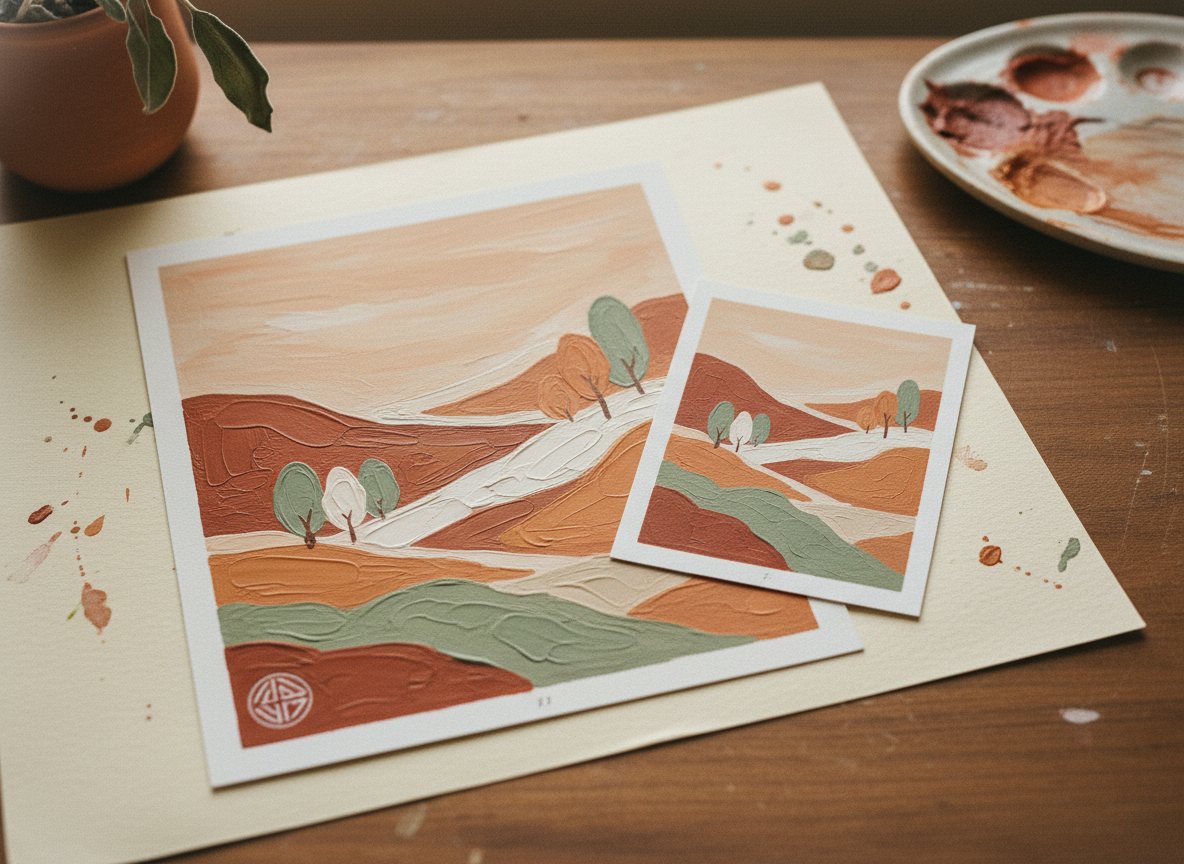 A small numbered giclée edition print beside its one-of-a-kind original ACEO.