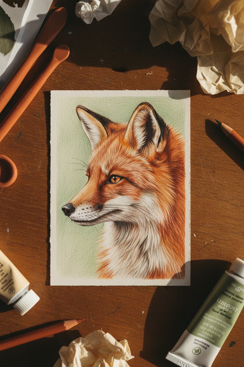 A 2.5 by 3.5 inch colored pencil example ACEO: Fox in Profile.