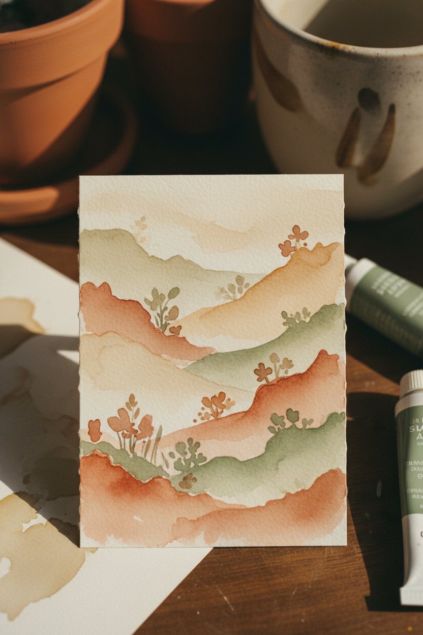 A 2.5 by 3.5 inch watercolor example ACEO: Misty Hills.