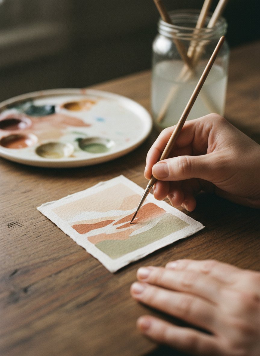 An artist's hands painting a tiny watercolour ACEO at a cosy desk.