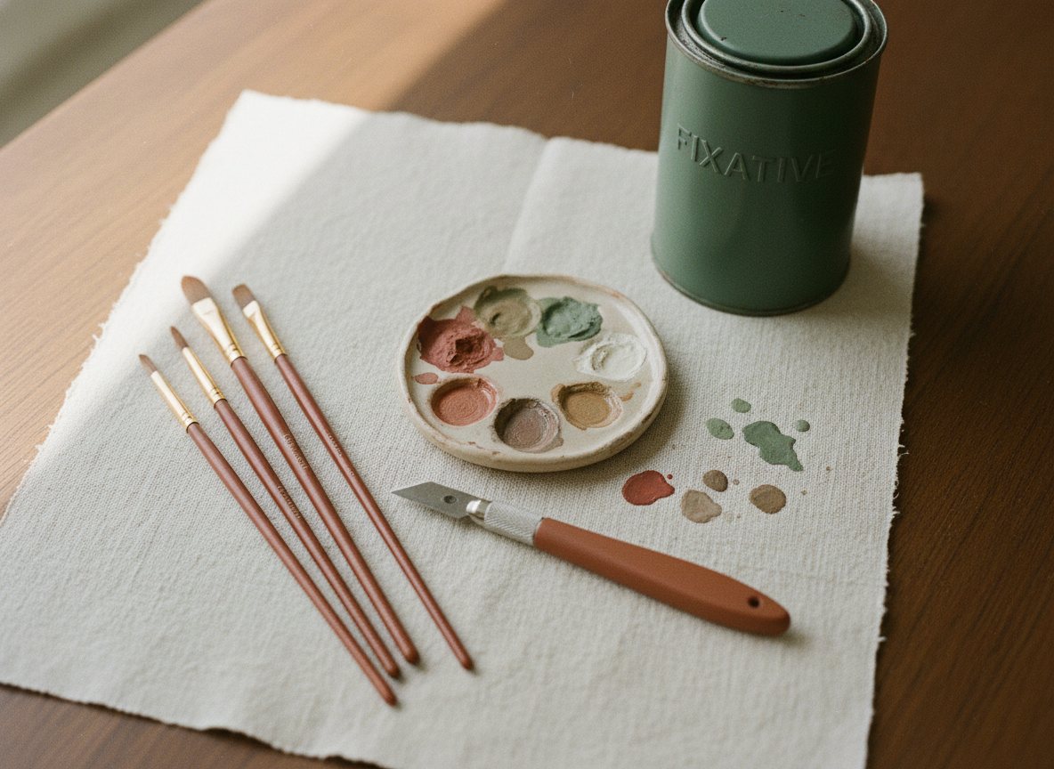 Fine brushes, a craft knife, and a can of fixative arranged on a warm art desk.